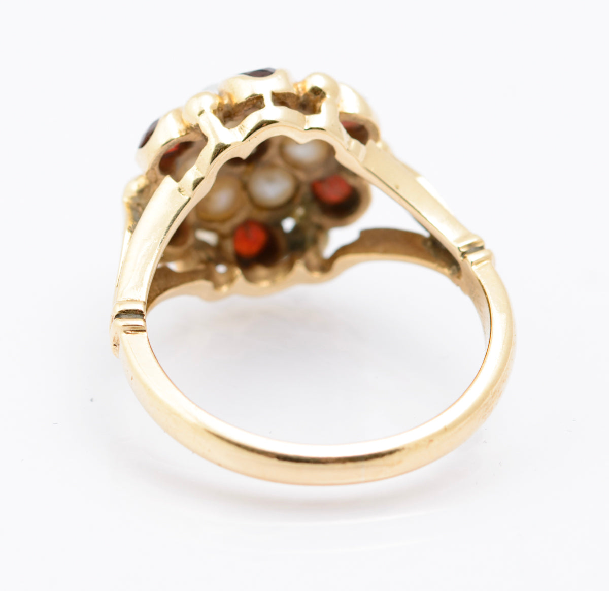 Vintage Ladies 9ct Yellow Gold Garnet & Pearl Princess Cluster Ring Hallmarked London 1966 UK Size N (B2325)