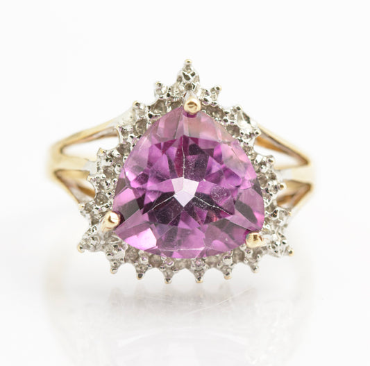 Vintage 9ct Gold Ring With Trilliant Cut Natural Pink Topaz & Diamond Halo (B2333)