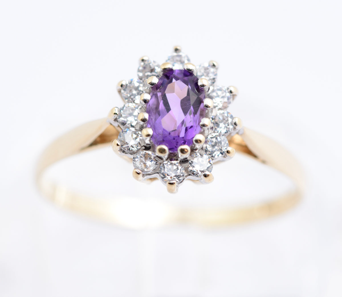 Vintage 9ct Gold & Natural Amethyst Ring With CZ Halo Size N1/2 Hallmarked (B2336)