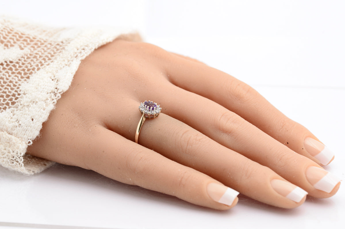 Vintage 9ct Gold & Natural Amethyst Ring With CZ Halo Size N1/2 Hallmarked (B2336)