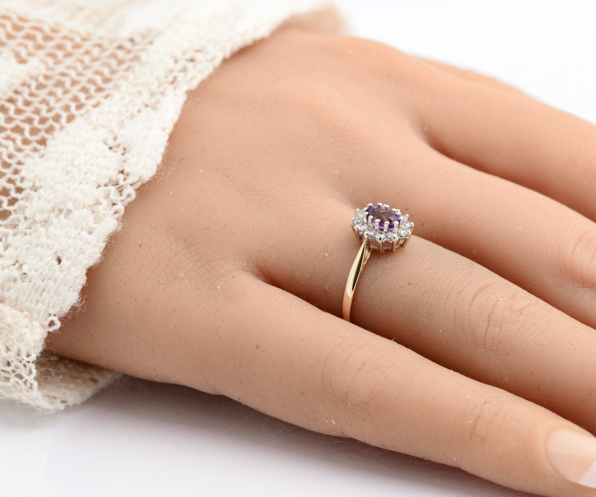 Vintage 9ct Gold & Natural Amethyst Ring With CZ Halo Size N1/2 Hallmarked (B2336)