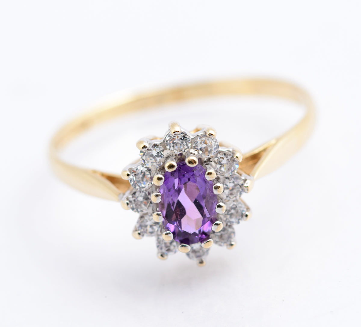 Vintage 9ct Gold & Natural Amethyst Ring With CZ Halo Size N1/2 Hallmarked (B2336)