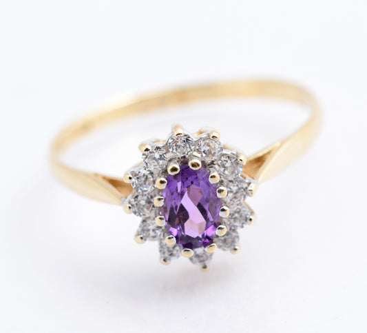 Vintage 9ct Gold & Natural Amethyst Ring With CZ Halo Size N1/2 Hallmarked (B2336)