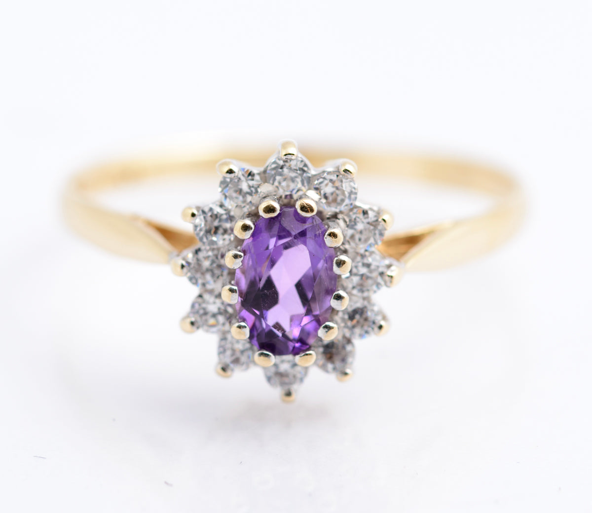 Vintage 9ct Gold & Natural Amethyst Ring With CZ Halo Size N1/2 Hallmarked (B2336)
