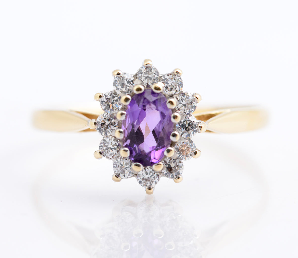 Vintage 9ct Gold & Natural Amethyst Ring With CZ Halo Size N1/2 Hallmarked (B2336)