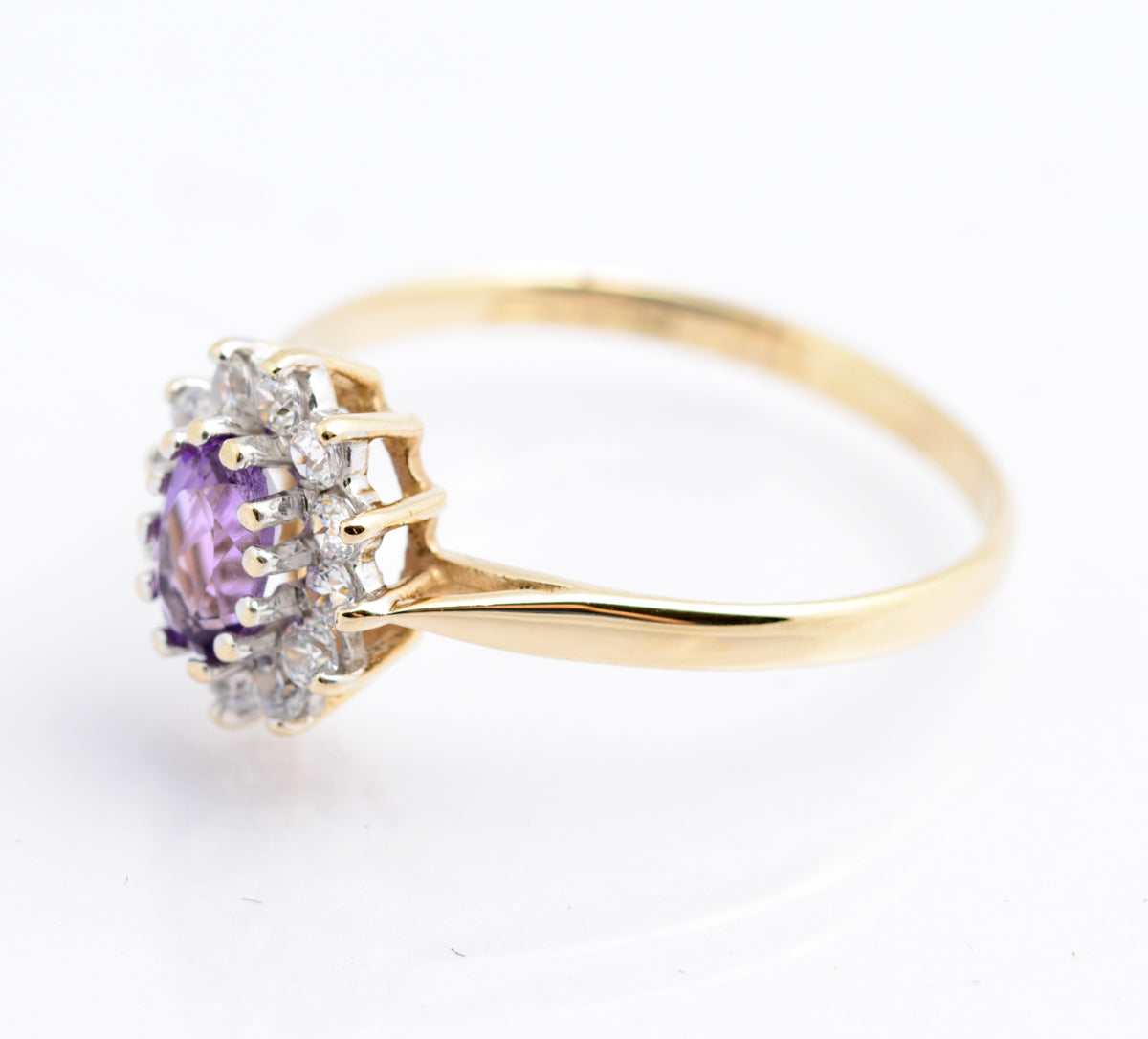 Vintage 9ct Gold & Natural Amethyst Ring With CZ Halo Size N1/2 Hallmarked (B2336)