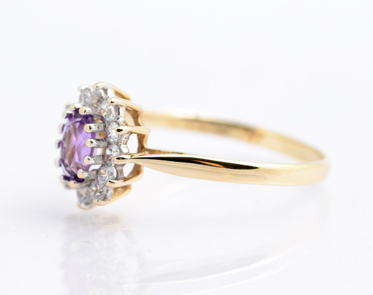 Vintage 9ct Gold & Natural Amethyst Ring With CZ Halo Size N1/2 Hallmarked (B2336)