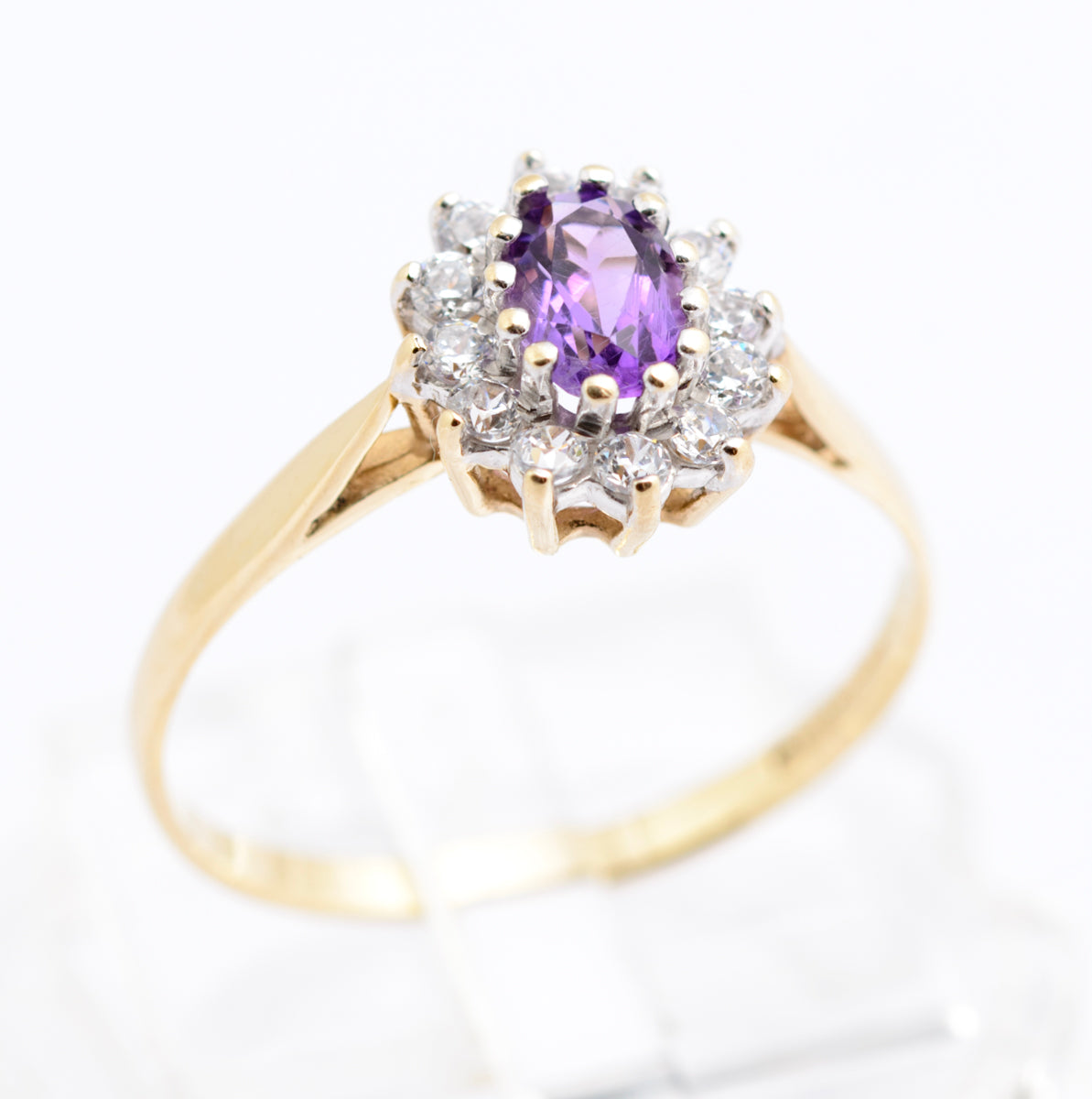 Vintage 9ct Gold & Natural Amethyst Ring With CZ Halo Size N1/2 Hallmarked (B2336)