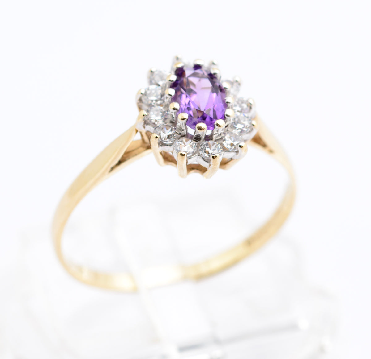 Vintage 9ct Gold & Natural Amethyst Ring With CZ Halo Size N1/2 Hallmarked (B2336)