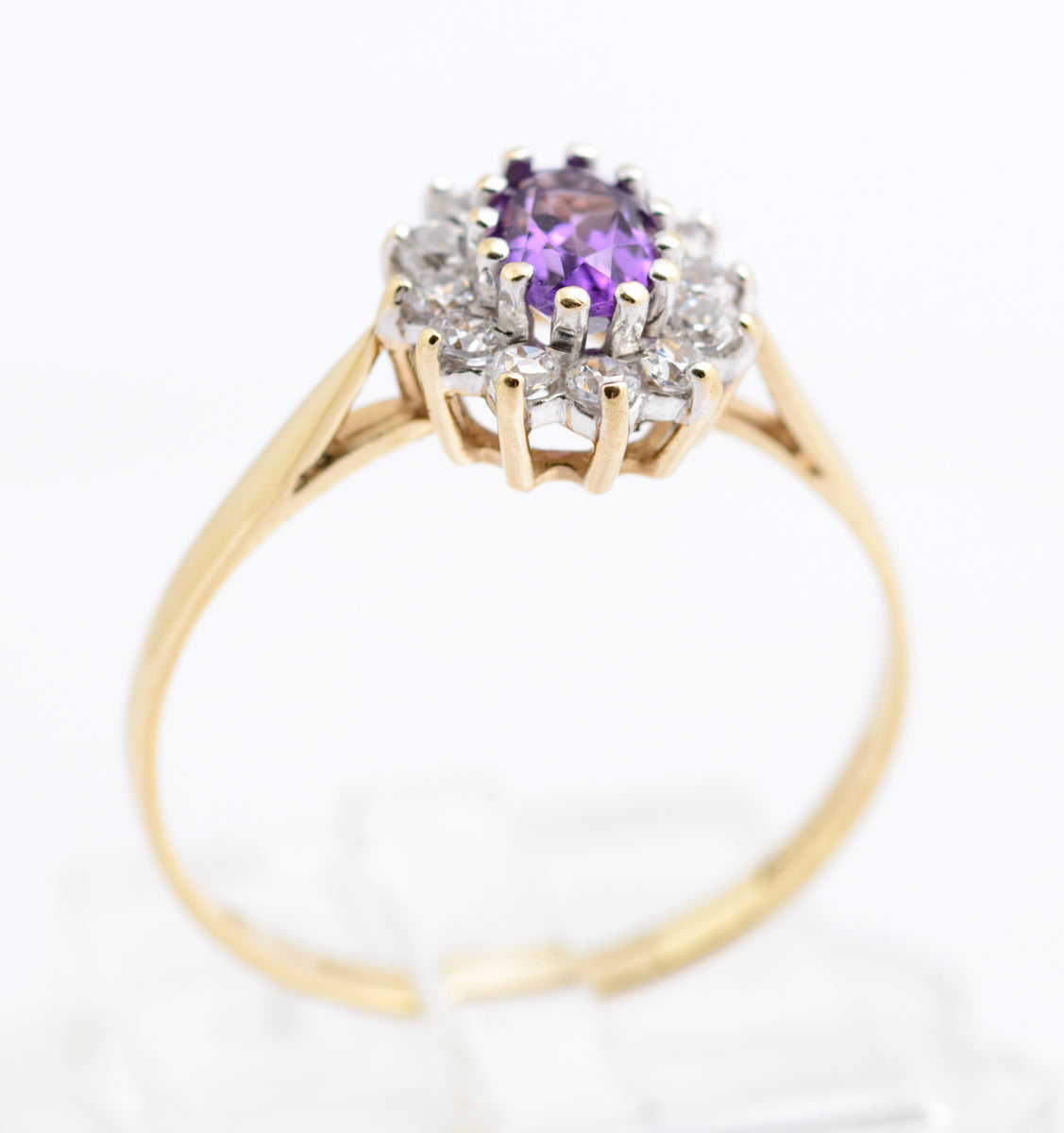 Vintage 9ct Gold & Natural Amethyst Ring With CZ Halo Size N1/2 Hallmarked (B2336)