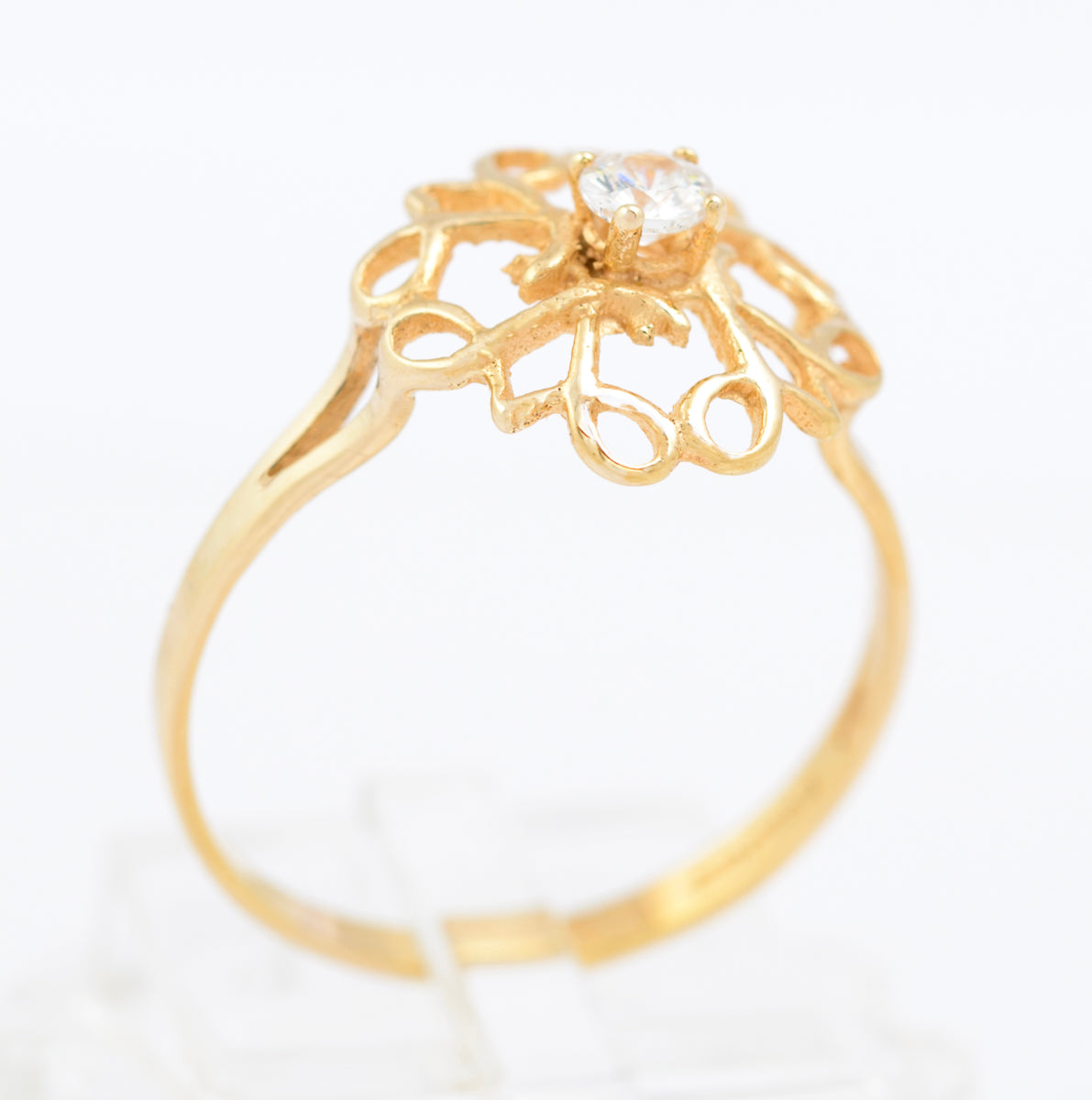 Vintage 9ct Gold Ladies Open Work Ring With CZ Solitaire Gem Hallmarked 1986 UK Size R1/2  (B2339)