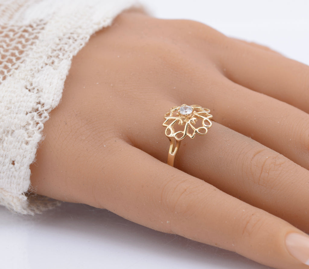 Vintage 9ct Gold Ladies Open Work Ring With CZ Solitaire Gem Hallmarked 1986 UK Size R1/2  (B2339)