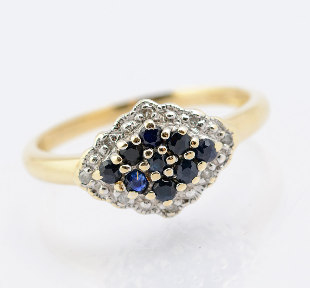 Vintage Natural Sapphire & Diamond Cluster Ring In 9ct Gold 1980's UK Size O1/2 (B2343)
