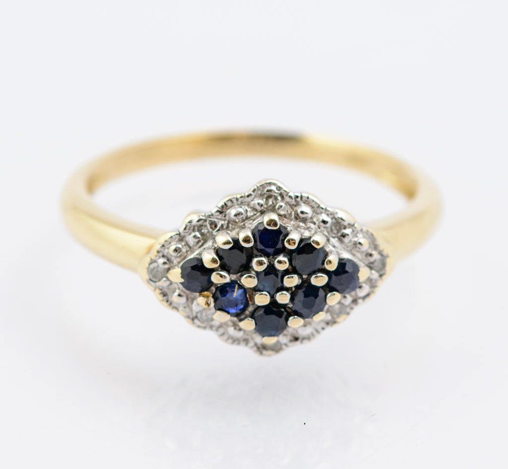 Vintage Natural Sapphire & Diamond Cluster Ring In 9ct Gold 1980's UK Size O1/2 (B2343)