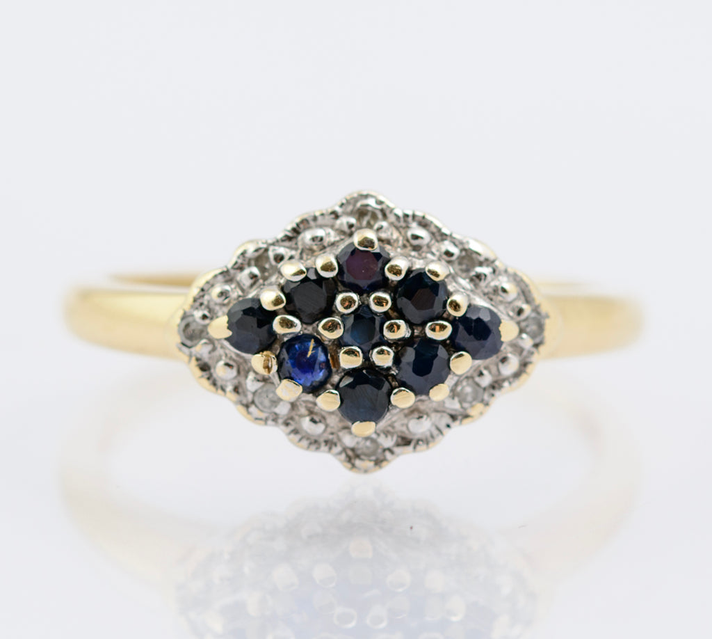 Vintage Natural Sapphire & Diamond Cluster Ring In 9ct Gold 1980's UK Size O1/2 (B2343)