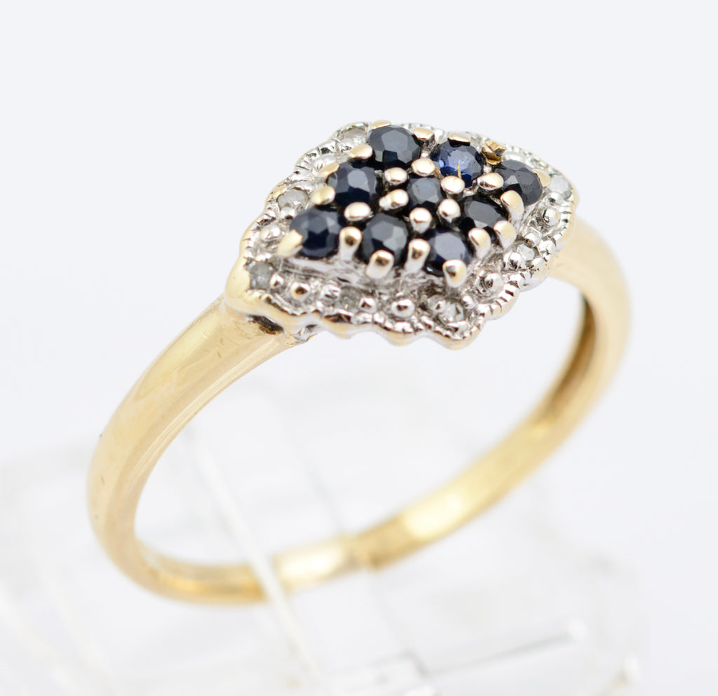 Vintage Natural Sapphire & Diamond Cluster Ring In 9ct Gold 1980's UK Size O1/2 (B2343)