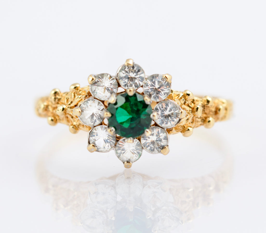 Vintage 9ct Yellow Gold Ring Chrome Diopside Gem With Quartz Halo UK Size N1/2 (B2346)
