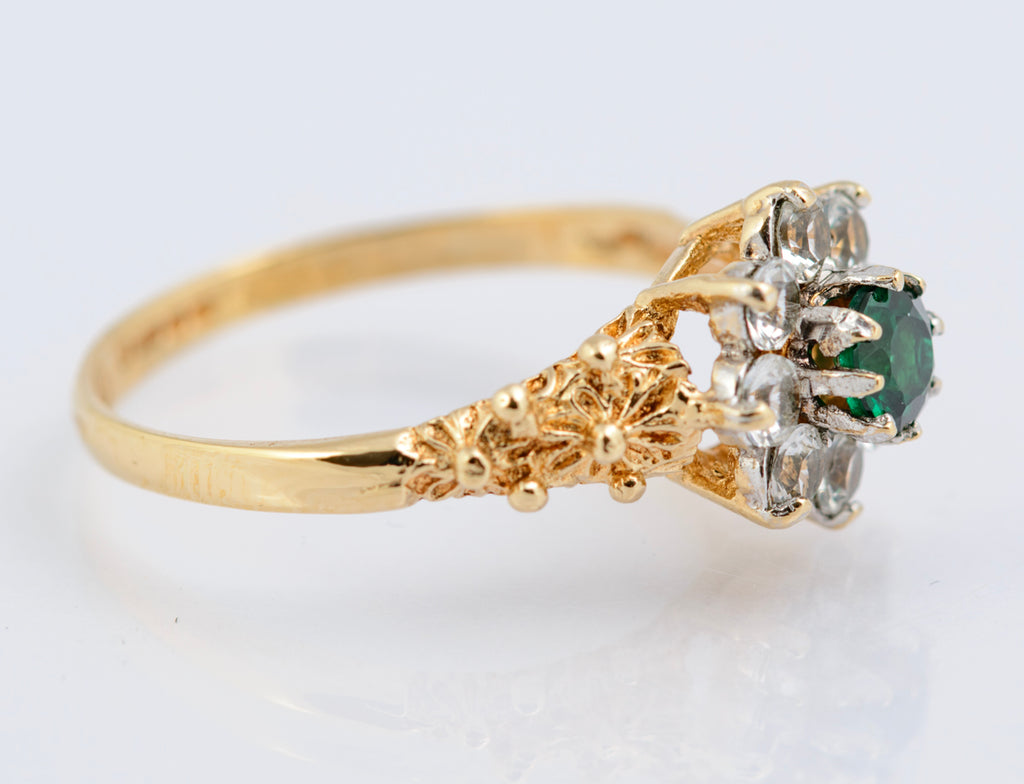 Vintage 9ct Yellow Gold Ring Chrome Diopside Gem With Quartz Halo UK Size N1/2 (B2346)