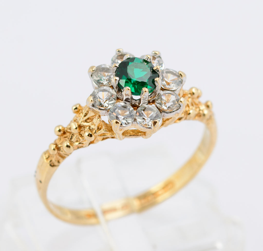 Vintage 9ct Yellow Gold Ring Chrome Diopside Gem With Quartz Halo UK Size N1/2 (B2346)