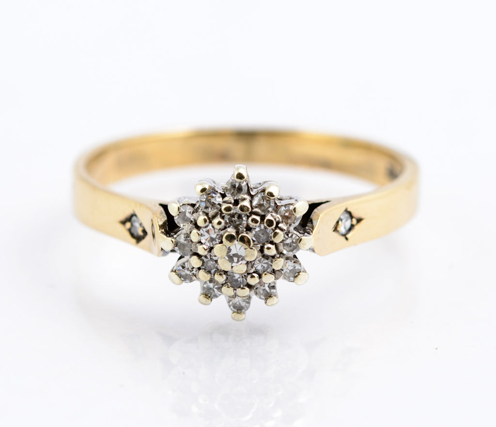Vintage 9ct Gold Diamond Cluster Ring | Double Diamond Halo | Diamond Shoulders | London 1986 | Size K½ | (B2350)