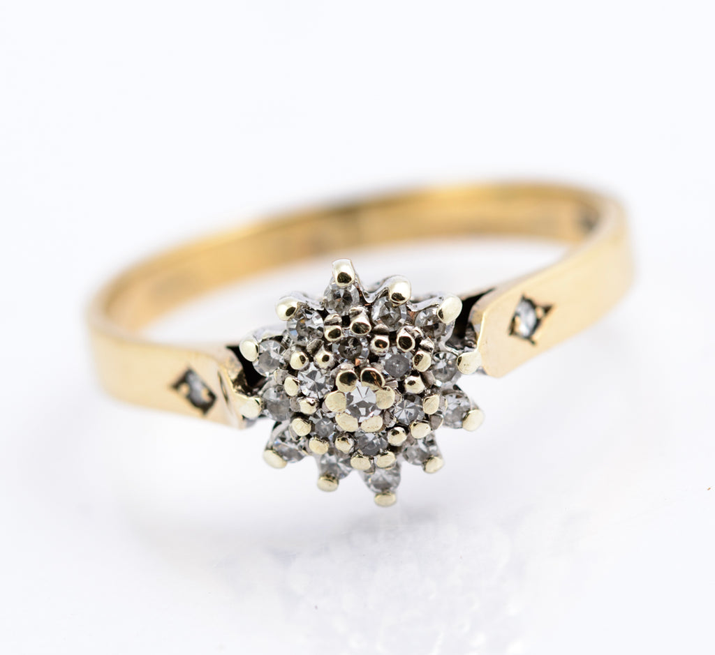 Vintage 9ct Gold Diamond Cluster Ring | Double Diamond Halo | Diamond Shoulders | London 1986 | Size K½ | (B2350)