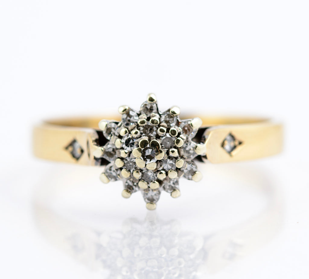 Vintage 9ct Gold Diamond Cluster Ring | Double Diamond Halo | Diamond Shoulders | London 1986 | Size K½ | (B2350)