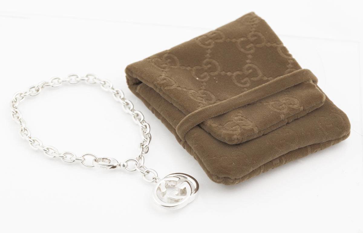 Original Gucci Sterling Silver Double G Logo Charm Bracelet With Pouch (B2358)