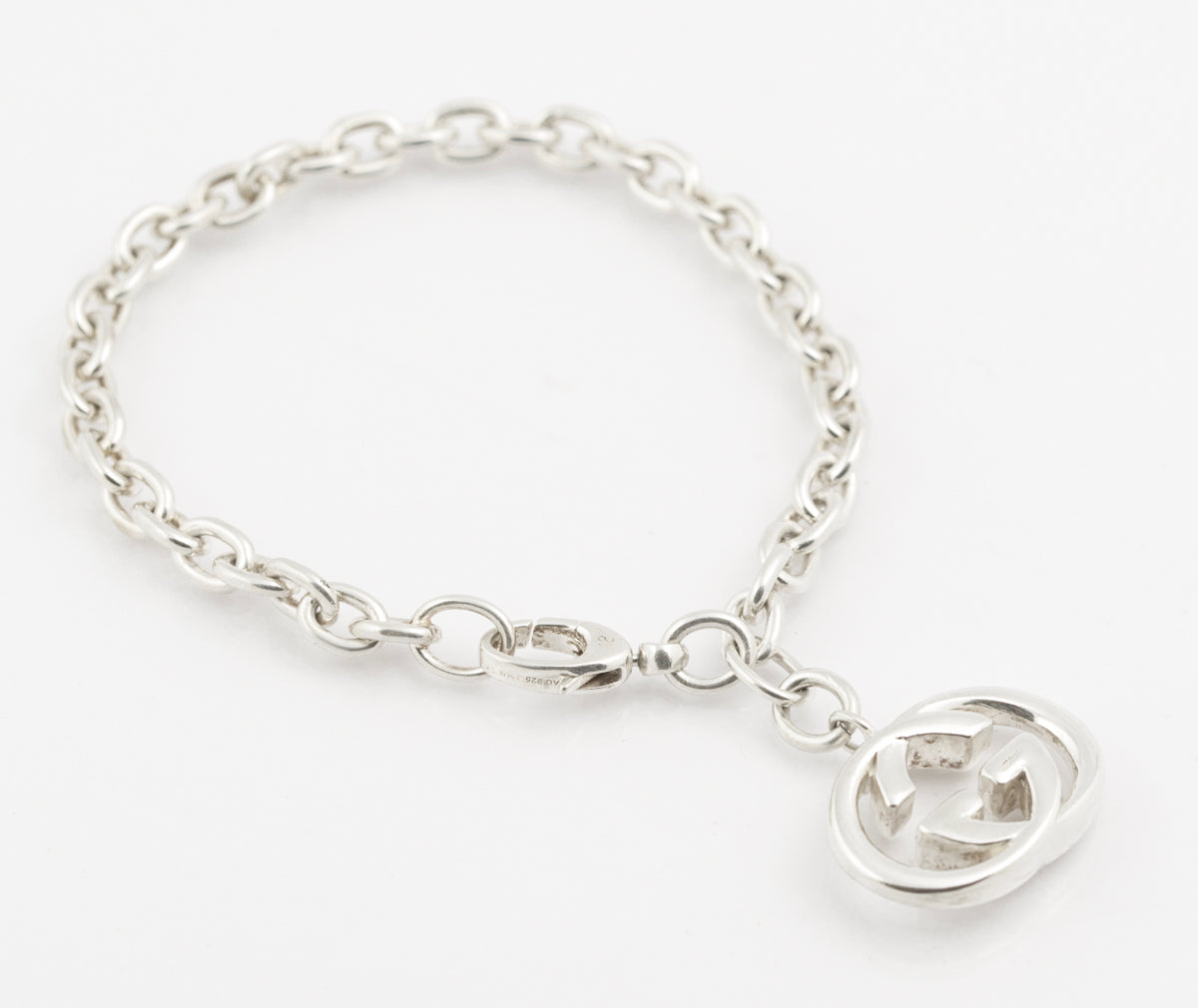 Original Gucci Sterling Silver Double G Logo Charm Bracelet With Pouch (B2358)