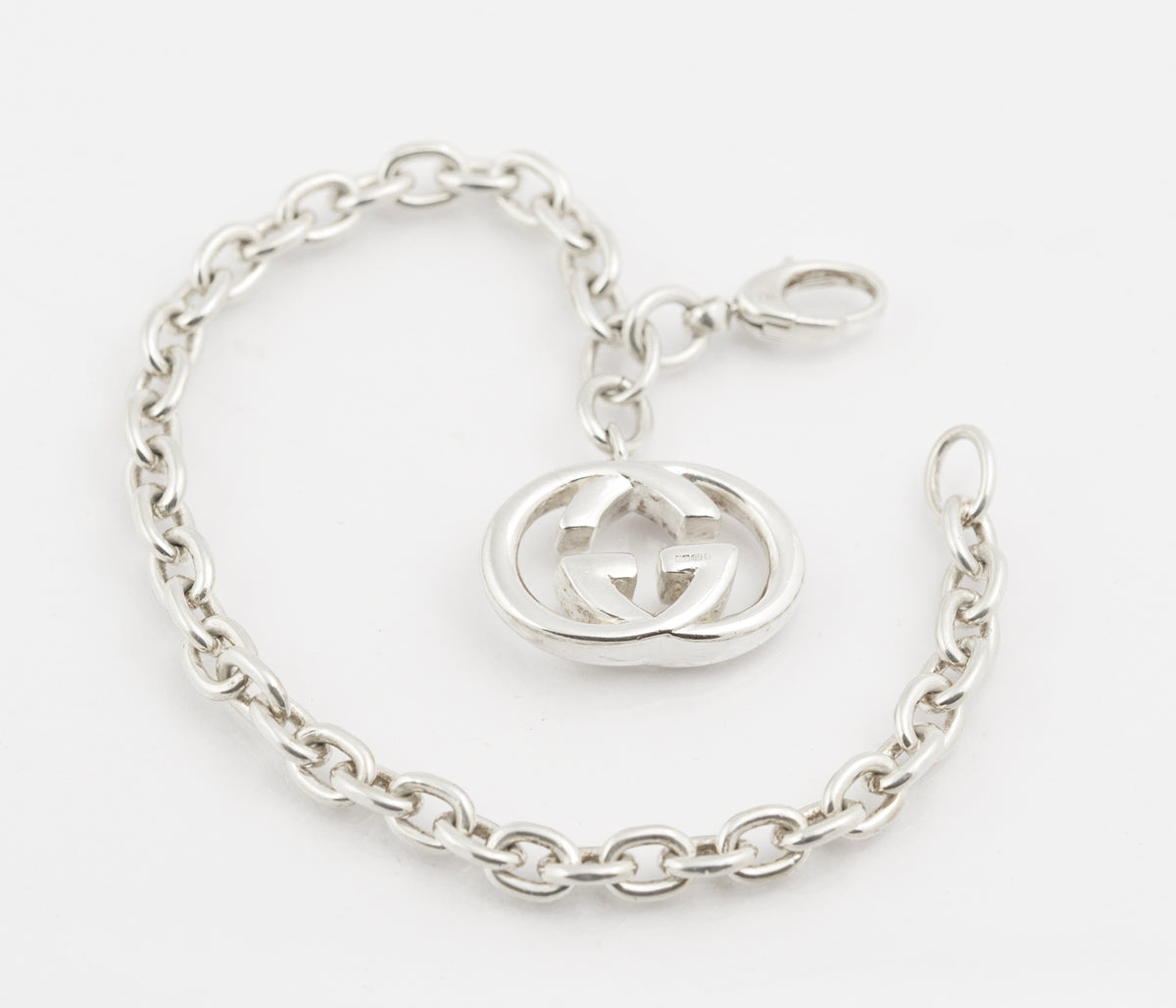 Original Gucci Sterling Silver Double G Logo Charm Bracelet With Pouch (B2358)