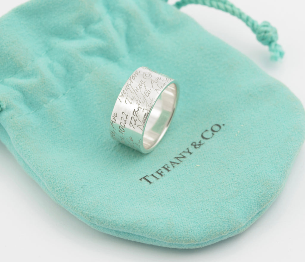 Tiffany & Co Sterling Silver Wide Band Notes Script Ring Size Q1/2 With Pouch (B2359)