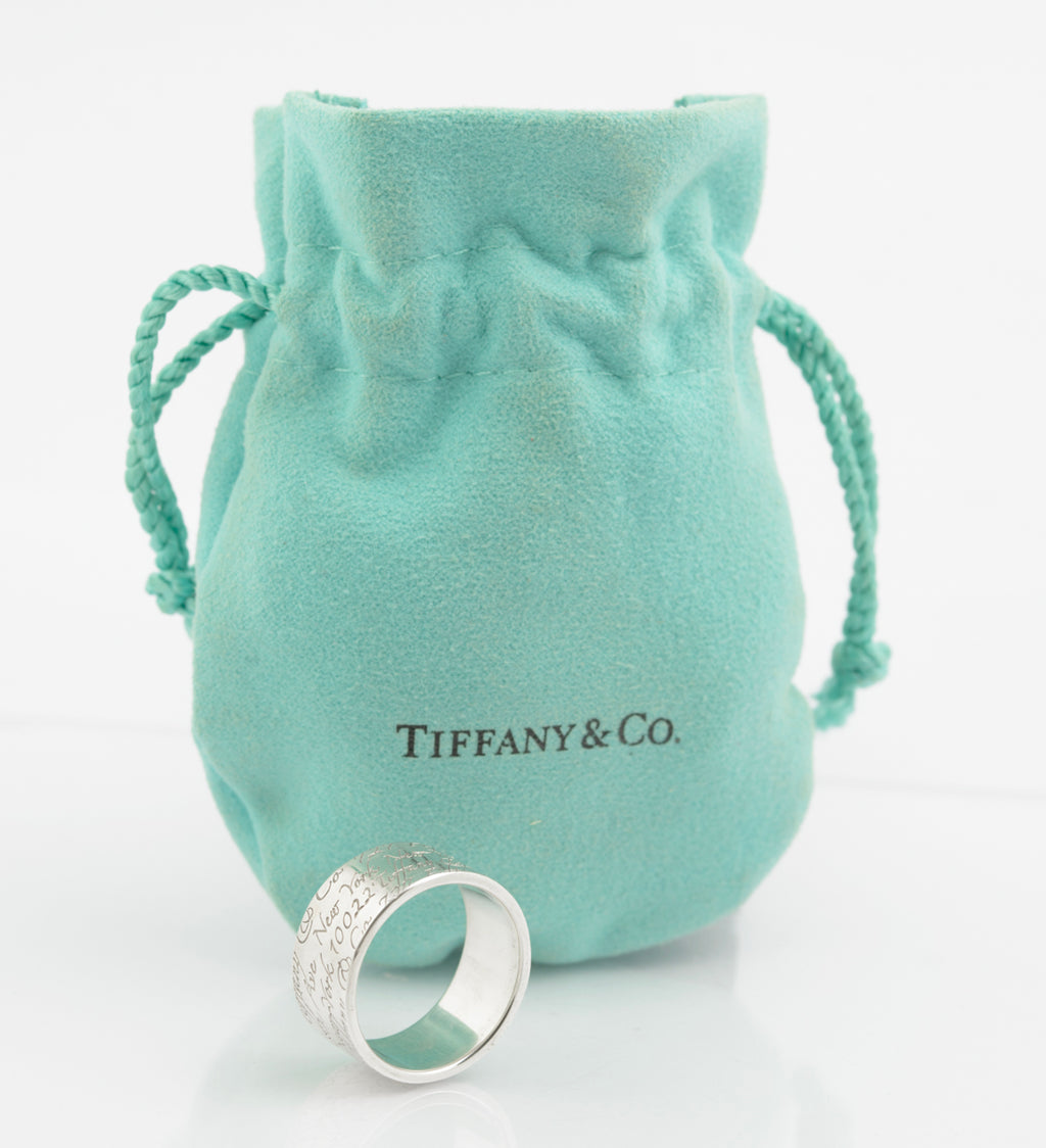 Tiffany & Co Sterling Silver Wide Band Notes Script Ring Size Q1/2 With Pouch (B2359)