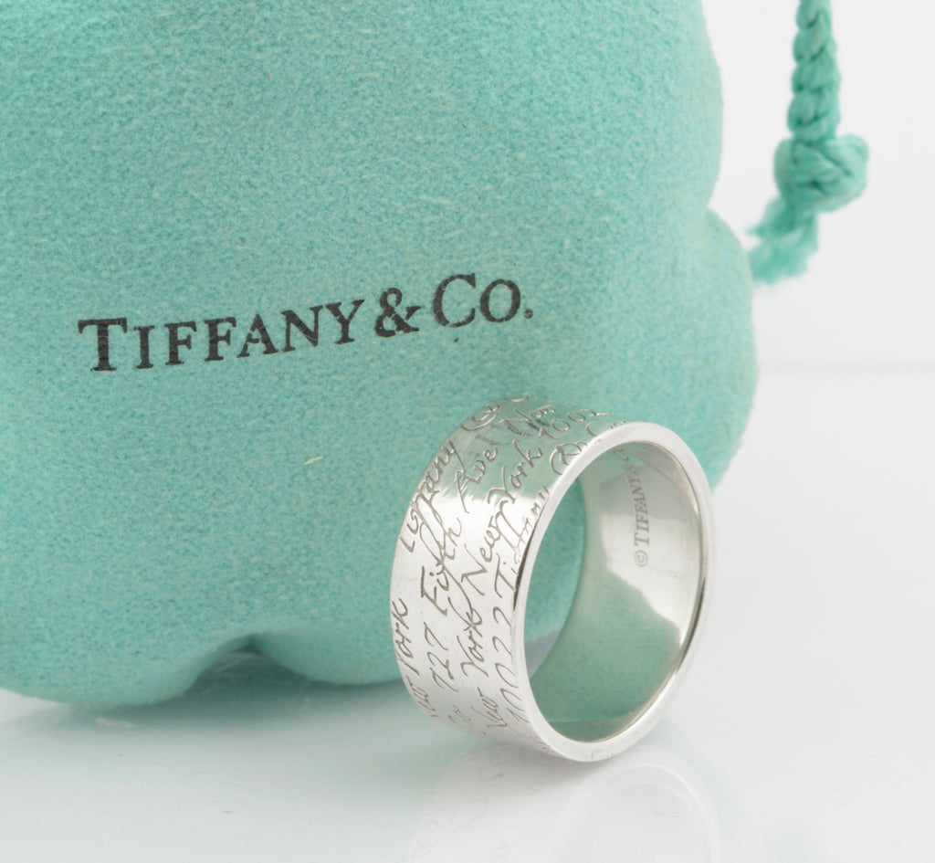 Tiffany & Co Sterling Silver Wide Band Notes Script Ring Size Q1/2 With Pouch (B2359)