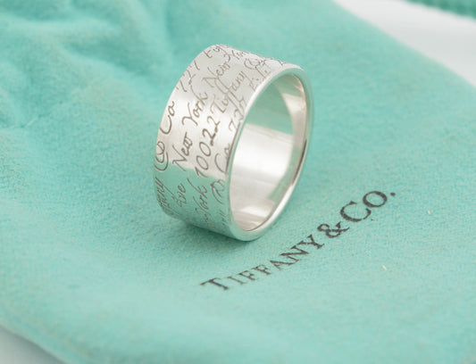 Tiffany & Co Sterling Silver Wide Band Notes Script Ring Size Q1/2 With Pouch (B2359)