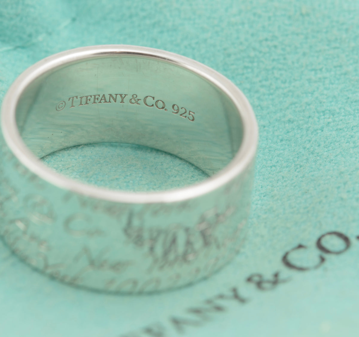 Tiffany & Co Sterling Silver Wide Band Notes Script Ring Size Q1/2 With Pouch (B2359)
