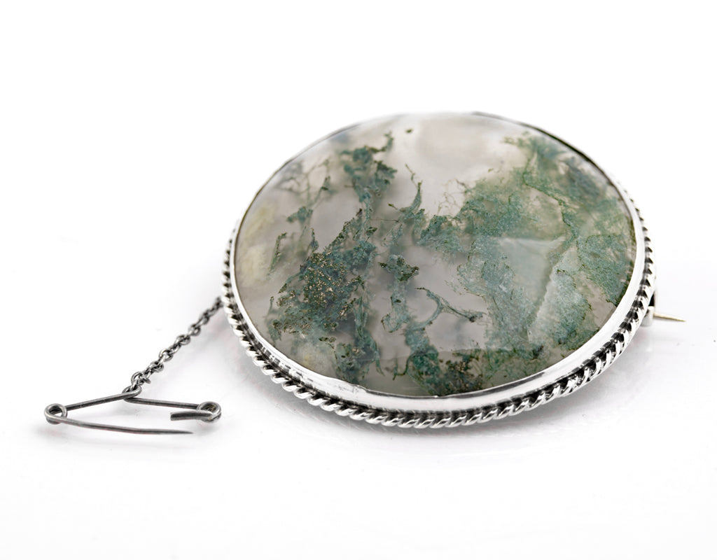 Antique Victorian Scottish .800 Silver & Large Moss Agate Cabochon Round Brooch (B2363)