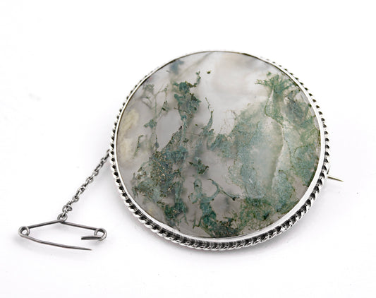 Antique Victorian Scottish .800 Silver & Large Moss Agate Cabochon Round Brooch (B2363)