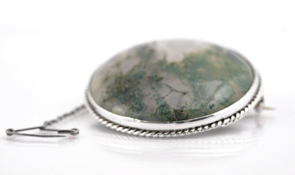 Antique Victorian Scottish .800 Silver & Large Moss Agate Cabochon Round Brooch (B2363)