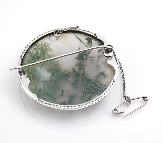 Antique Victorian Scottish .800 Silver & Large Moss Agate Cabochon Round Brooch (B2363)