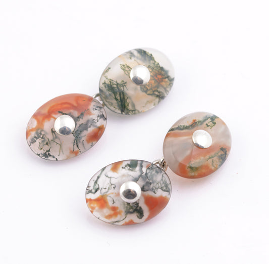 Pair Antique Cufflinks Scottish Moss Agate Cabochon & .800 Silver Men's (B2364)