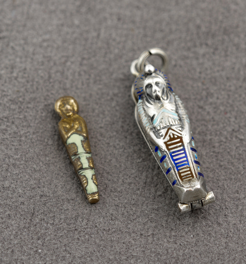 Antique Egyptian Opening Sarcophagus With Mummy Charm .800 Silver & Enamel (B2367)
