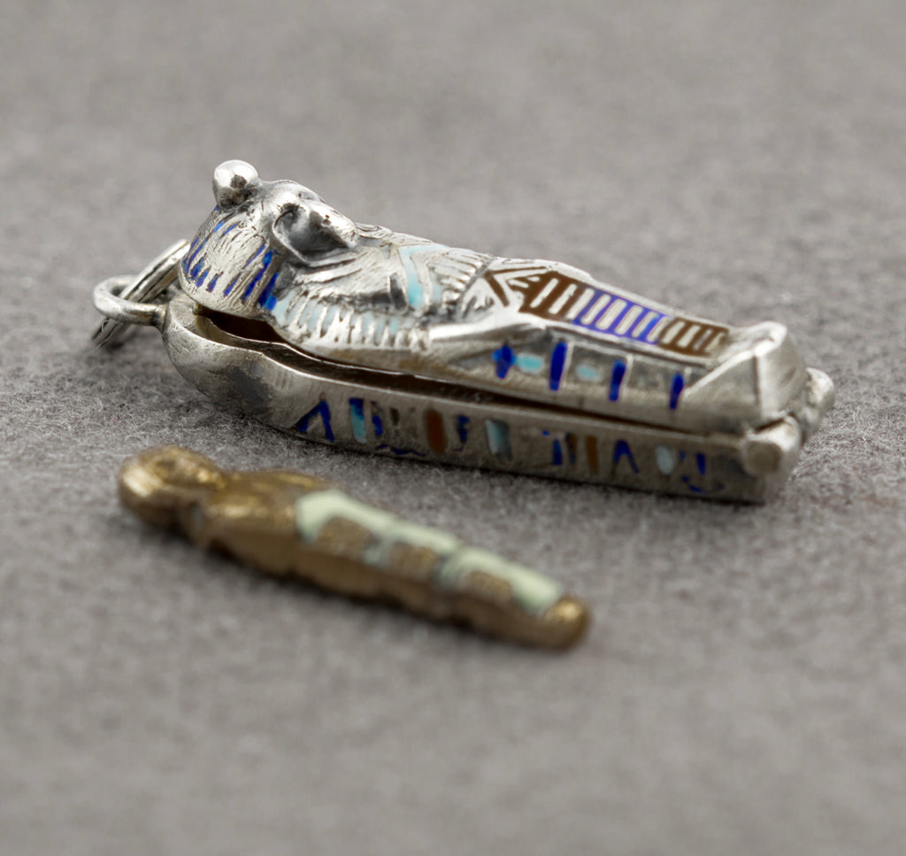 Antique Egyptian Opening Sarcophagus With Mummy Charm .800 Silver & Enamel (B2367)