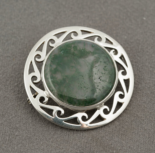Vintage Scottish Sterling Silver Celtic Brooch - Moss Agate Cabochon Hallmarked (B2371)