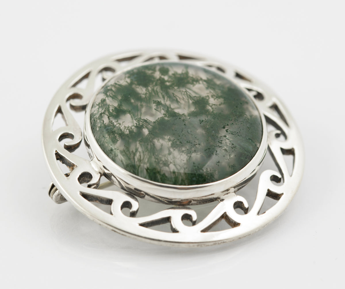 Vintage Scottish Sterling Silver Celtic Brooch - Moss Agate Cabochon Hallmarked (B2371)