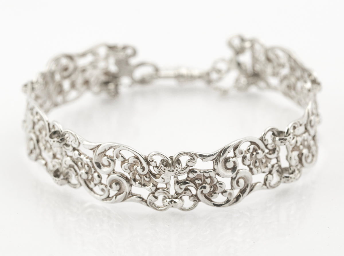 Vintage Sterling Silver Open Work Panel Bracelet With Watch Hook Clasp (B2381)