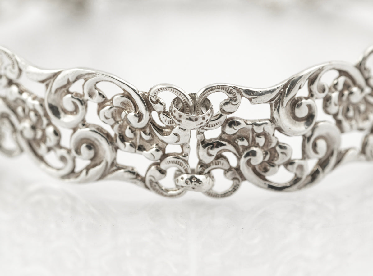 Vintage Sterling Silver Open Work Panel Bracelet With Watch Hook Clasp (B2381)