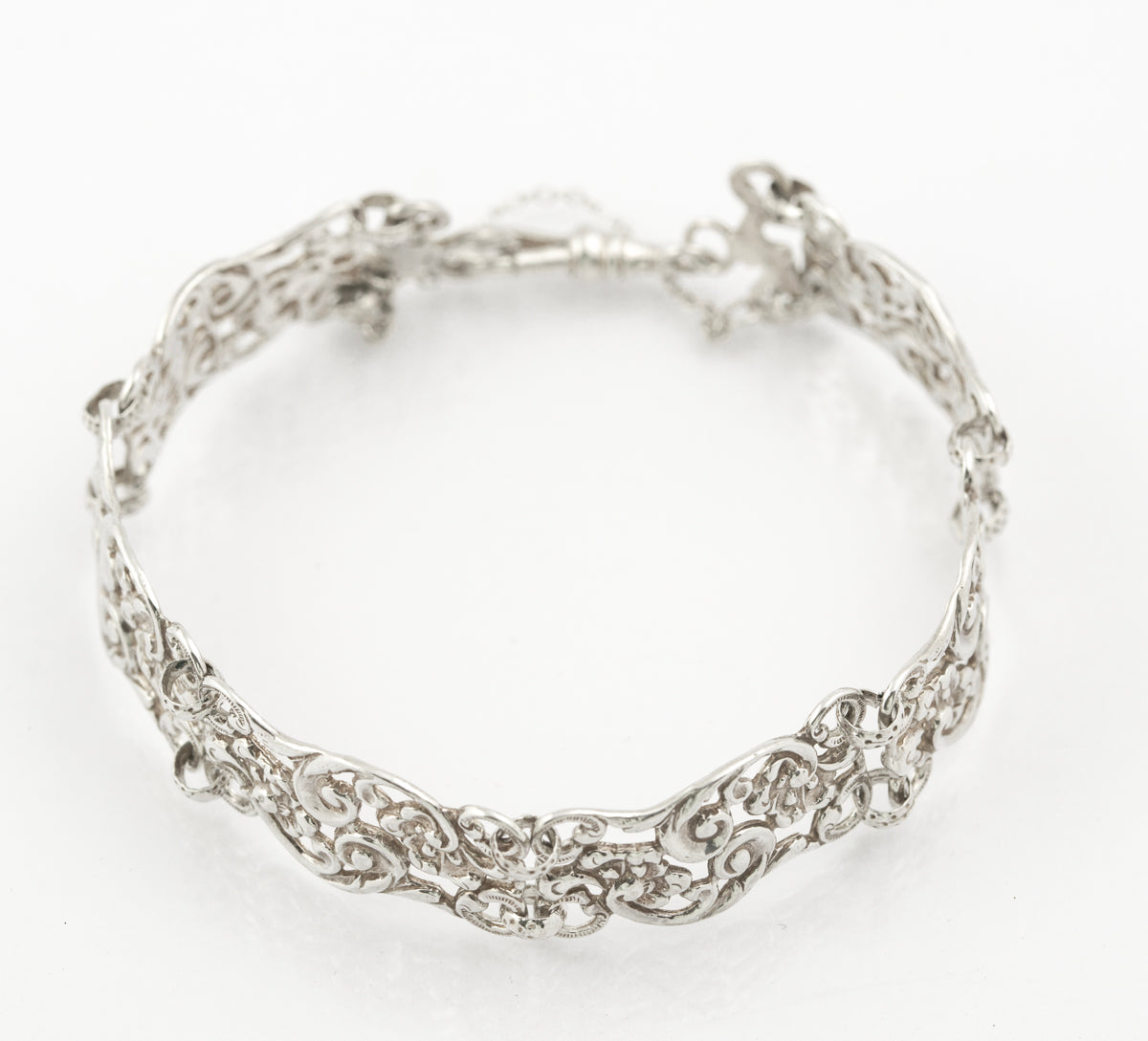 Vintage Sterling Silver Open Work Panel Bracelet With Watch Hook Clasp (B2381)