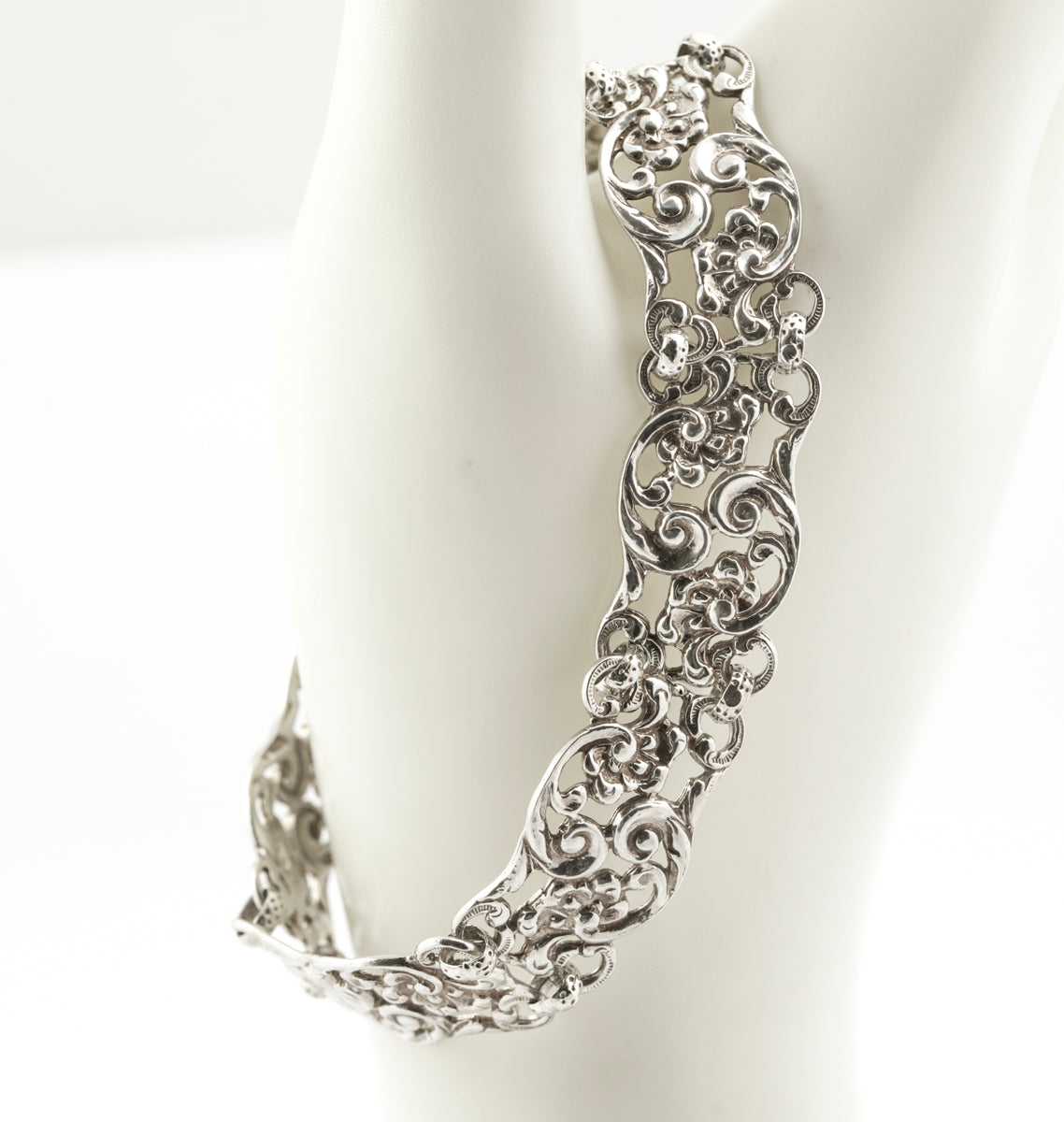 Vintage Sterling Silver Open Work Panel Bracelet With Watch Hook Clasp (B2381)
