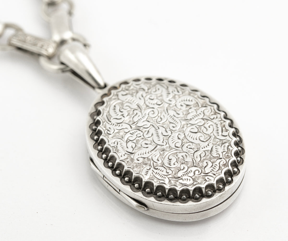 Antique Victorian Fancy Link Chain & Locket Necklace Chased Design c.1870 (B2386)