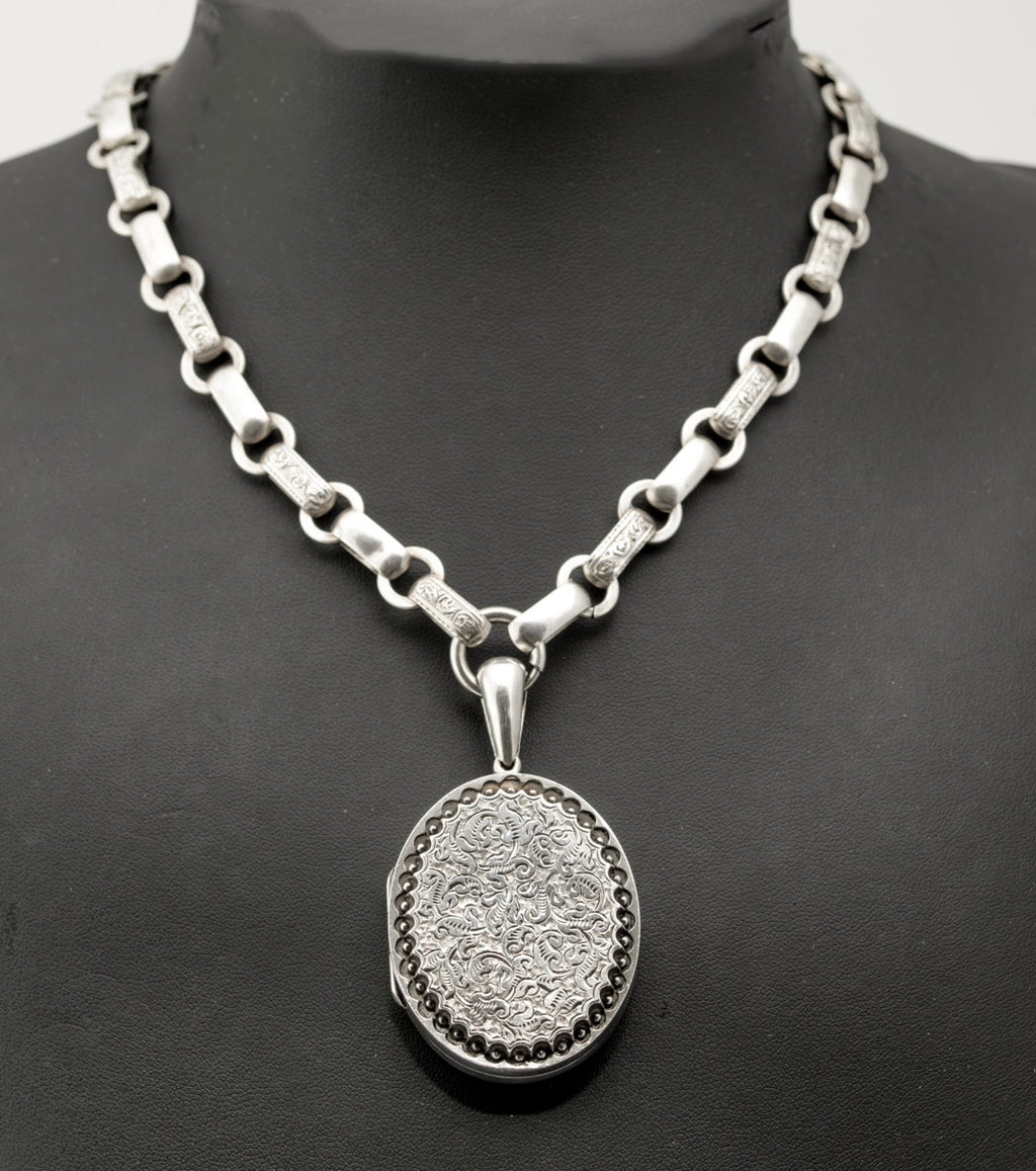 Antique Victorian Fancy Link Chain & Locket Necklace Chased Design c.1870 (B2386)