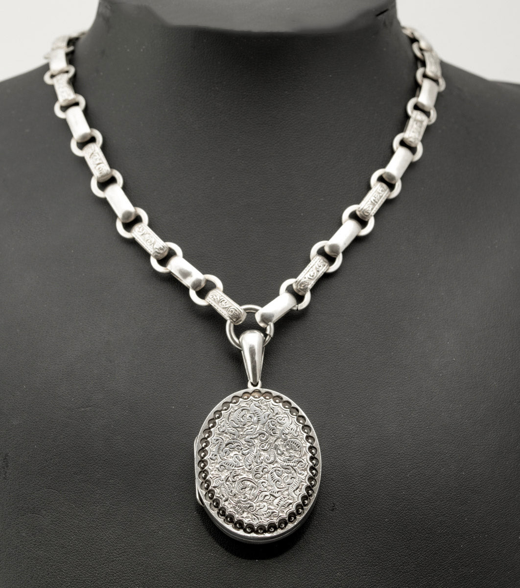 Antique Victorian Fancy Link Chain & Locket Necklace Chased Design c.1870 (B2386)